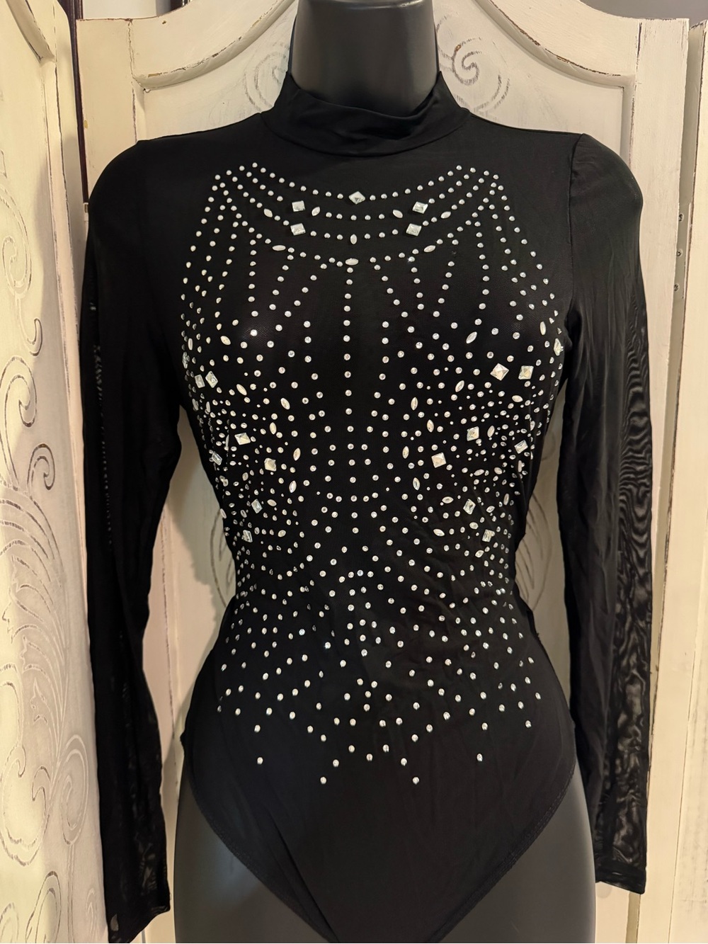 Fashion Nova Sheer Rhinestone Long-Sleeve Bodysuit